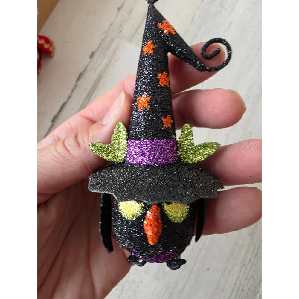 Vintage Pier 1 glitter owl witch RARE ornament metal wizard Halloween tree decor